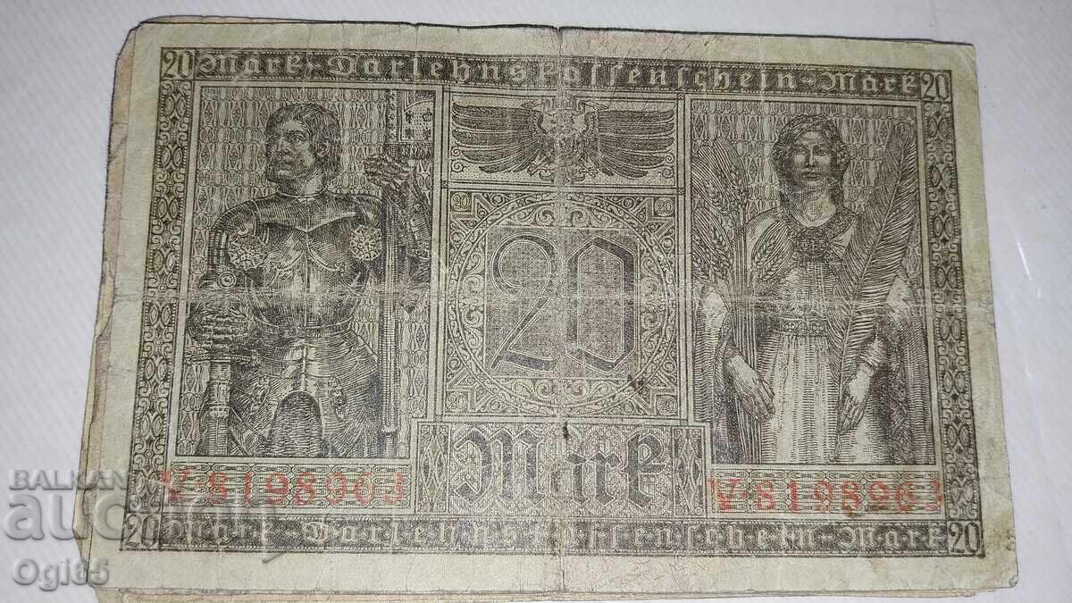 Стара банкнота от Германия 20 Марки 1918 година. с цена € 3.00 | 5.87 лв.