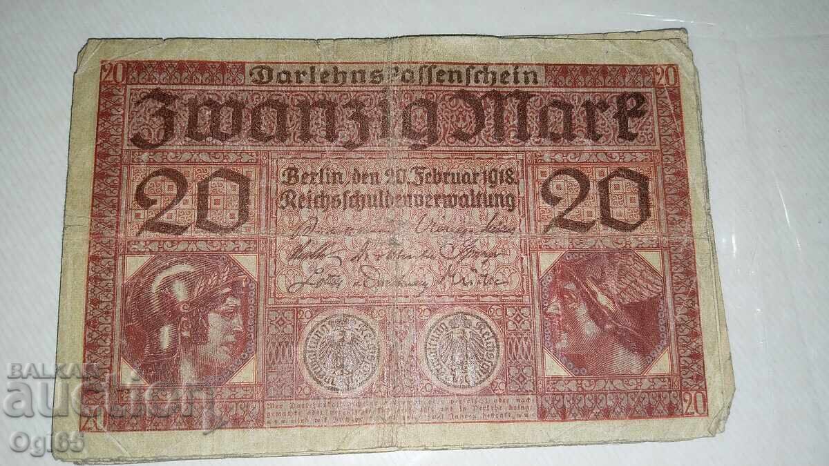 Bancnotă veche din Germania 20 Marci 1918