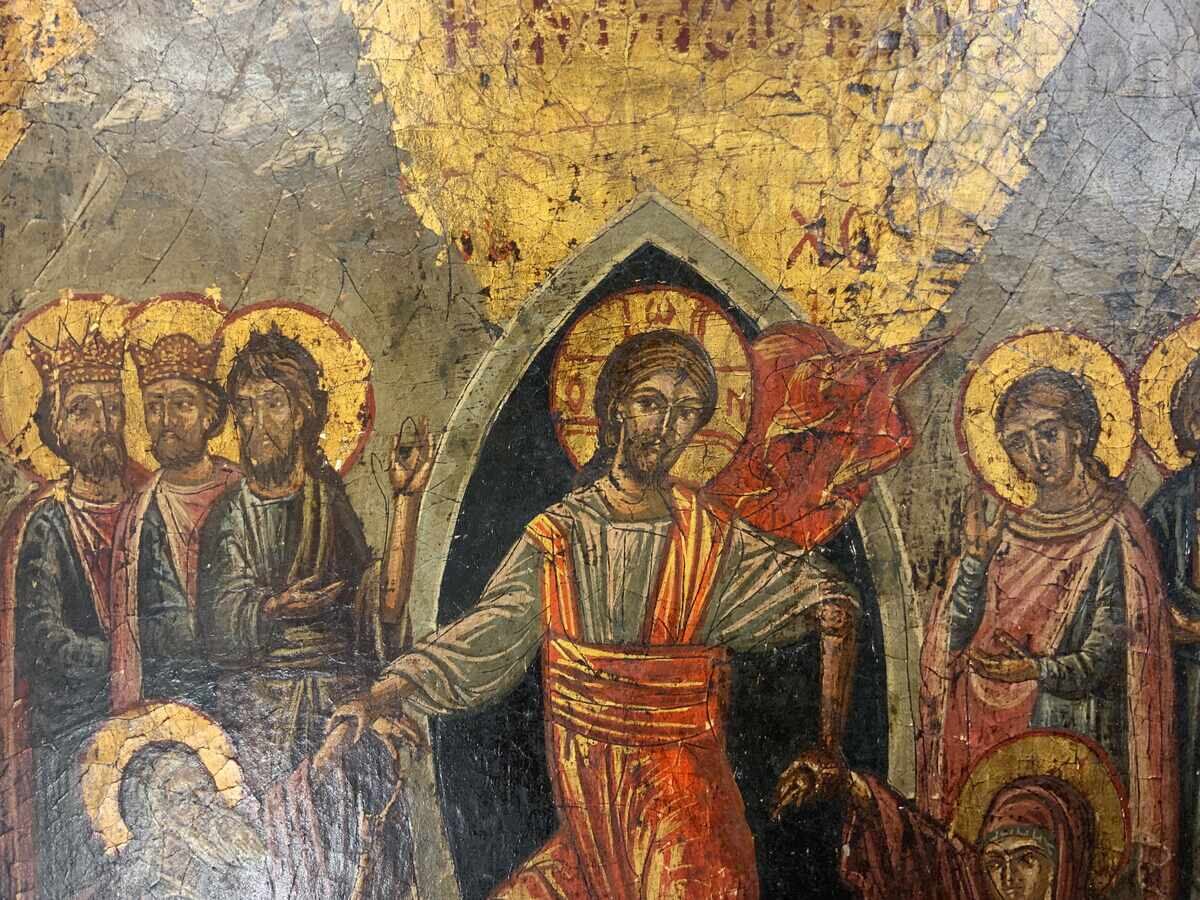 Стара рисувана икона Христос ,Възкресение ,светци