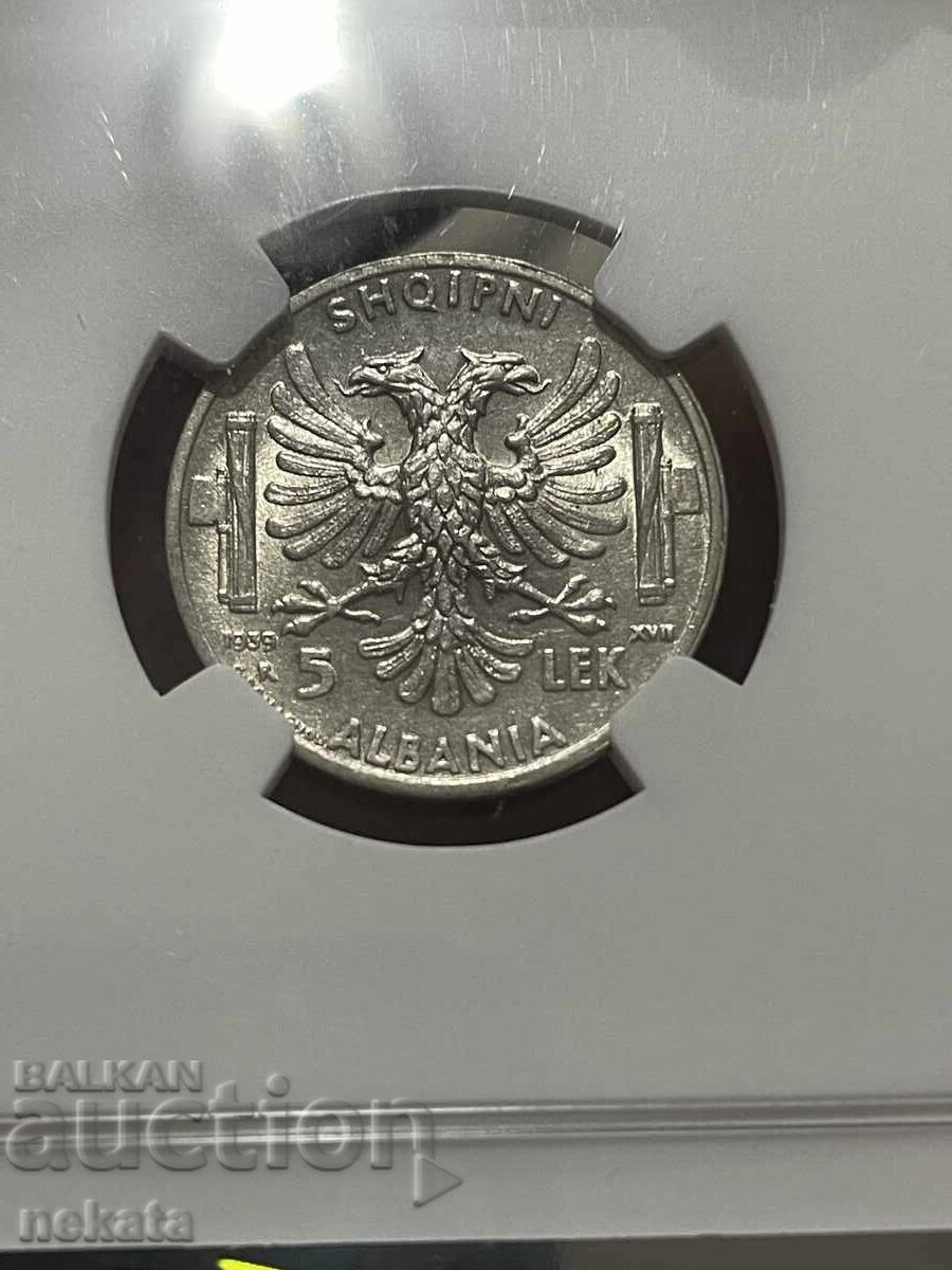 Аукцион Албания (Италиянска окупация), 5 Лек 1939 г. MS61 NGC