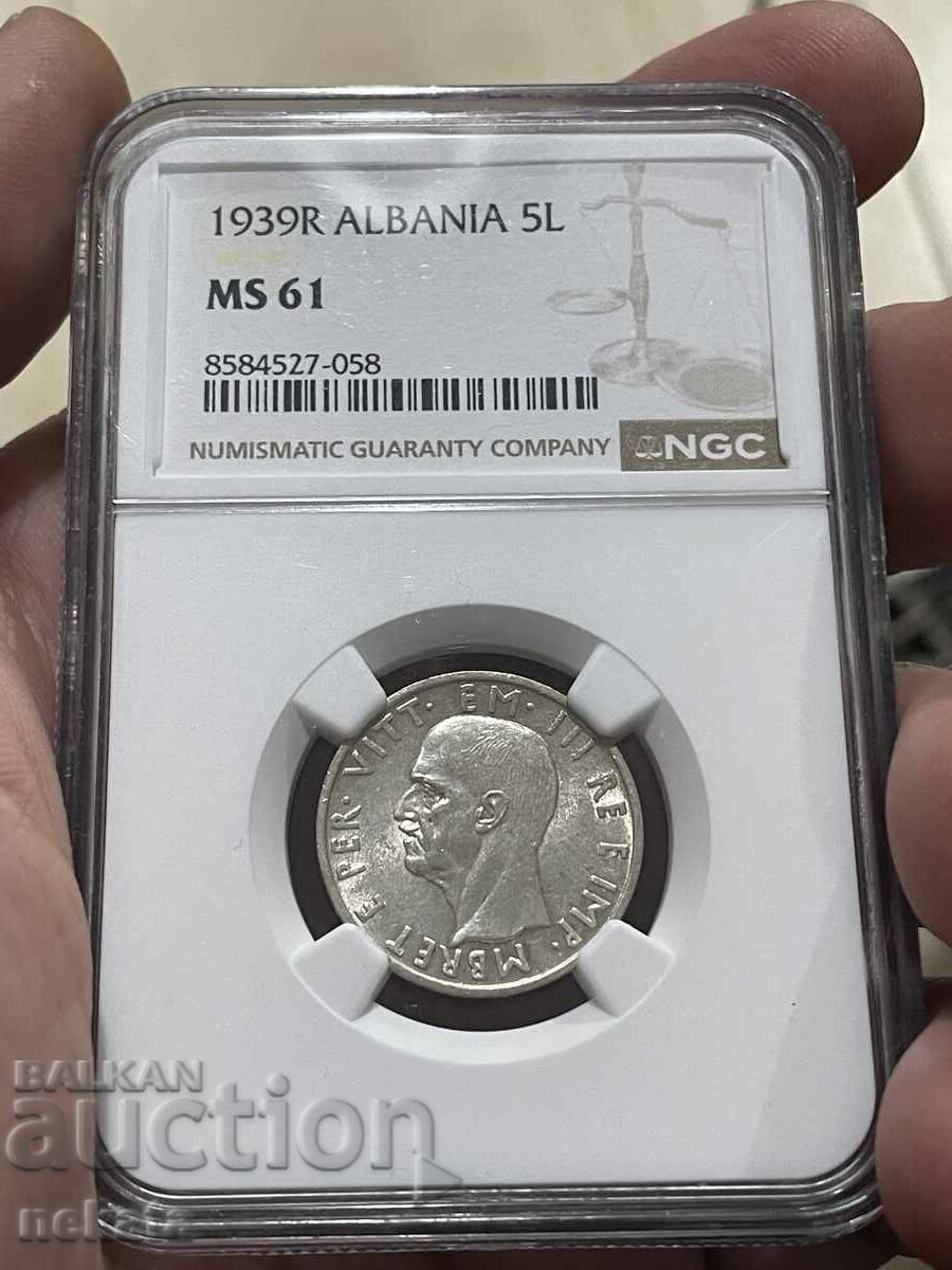 Албания (Италиянска окупация), 5 Лек 1939 г. MS61 NGC