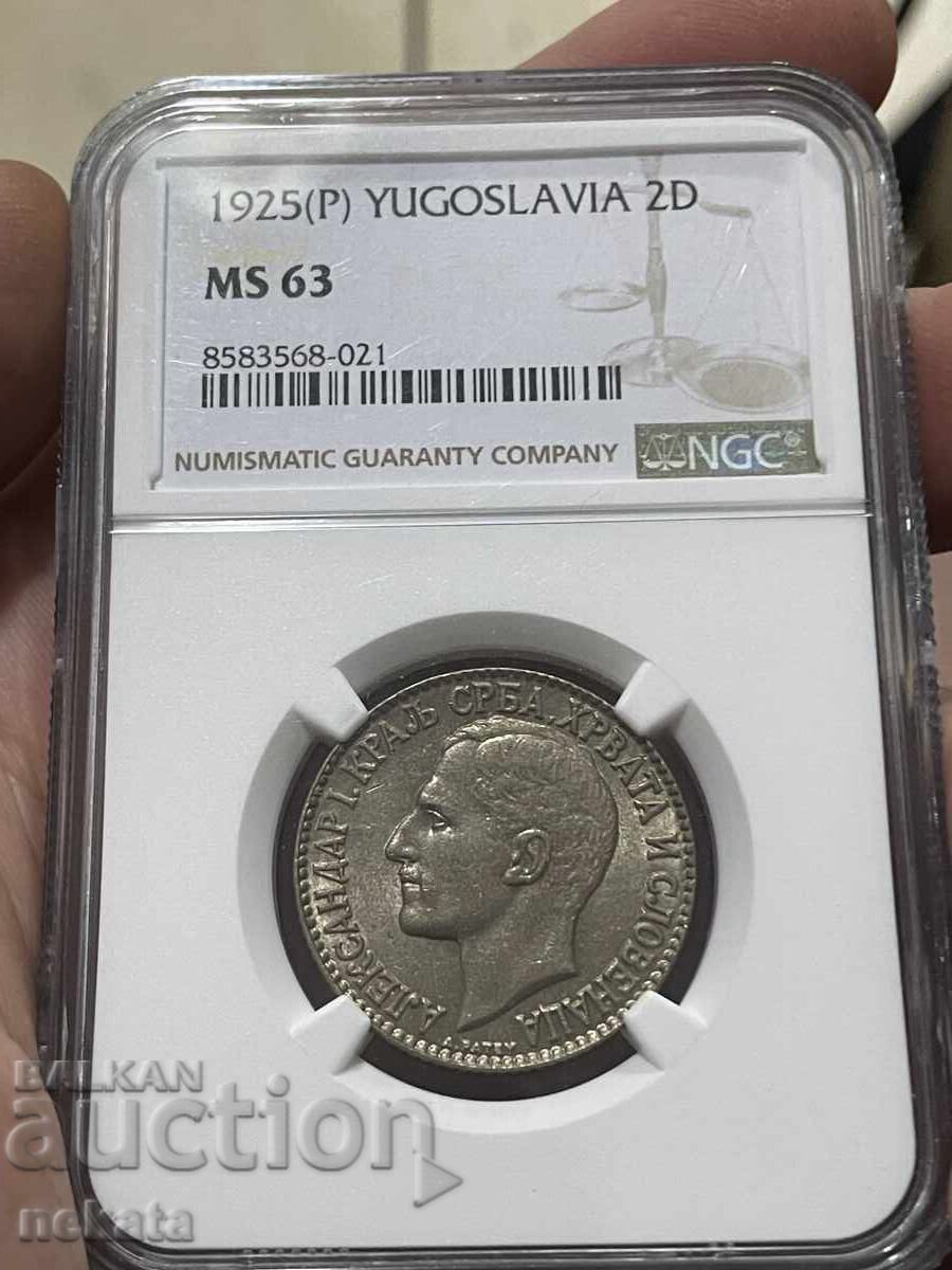 Югославия, 2 Динара 1925 г. Поаси MS63 NGC