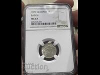 Германия - Баден, 3 кройцера 1870 г. MS63 NGC