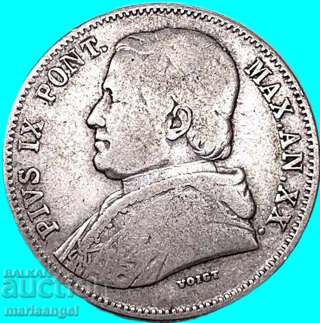 Ватикан 20 байочи 1865 сребро с цена € 19.00 | 37.16 лв.