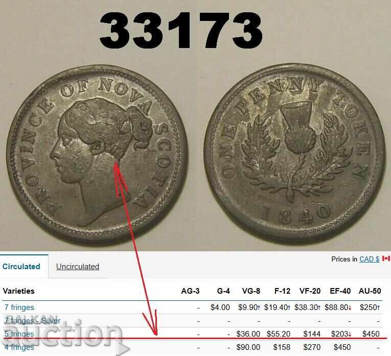 Canada 1 penny 1840 Nova Scotia 5 rânduri! Canada 1 penny 1840 Nova Scotia 5 rânduri!