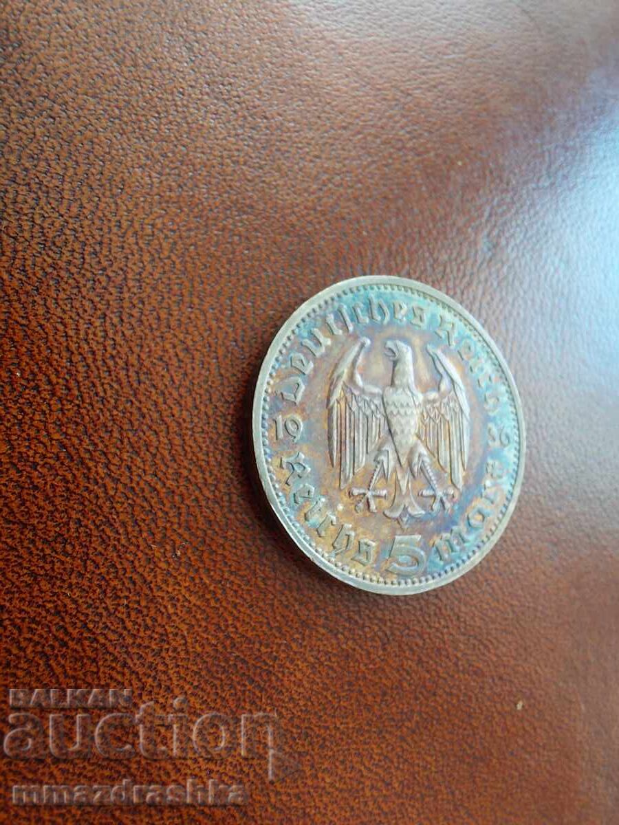 5 Reichsmark 1938 Argint cu preț € 31.03 | 60.69 BGN