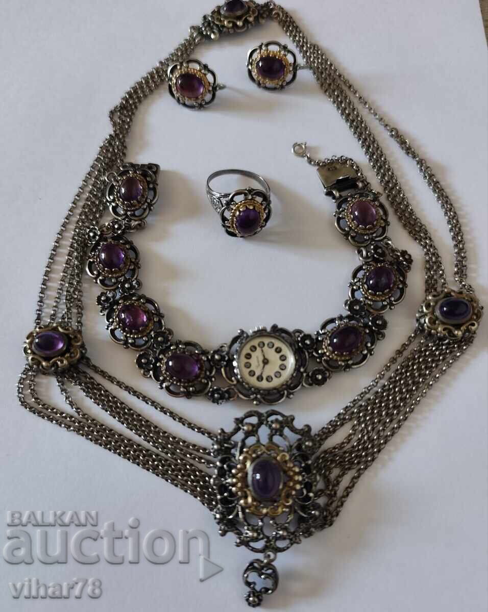 FOARTE FRUMOS set din argint cu ametist - colier, ceas, inel