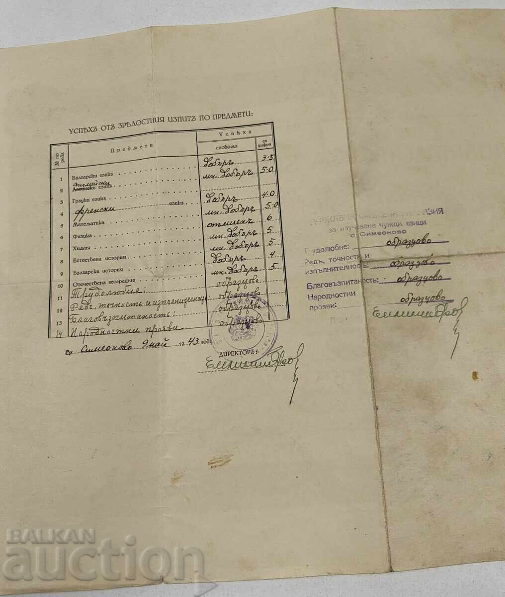 Licitație 1945 DIPLOMĂ DE BACALAUREAT STUDIERE LIMBI STRĂINE SIMEONOVO