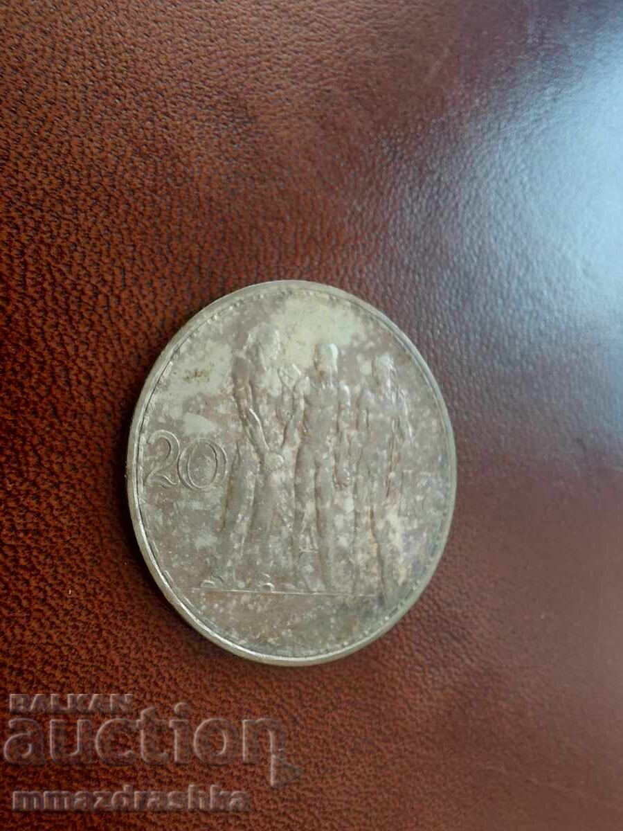 Livrarea 20 coroane 1934 Cehoslovacia Argint Livrarea 20 coroane 1934 Cehoslovacia Argint
