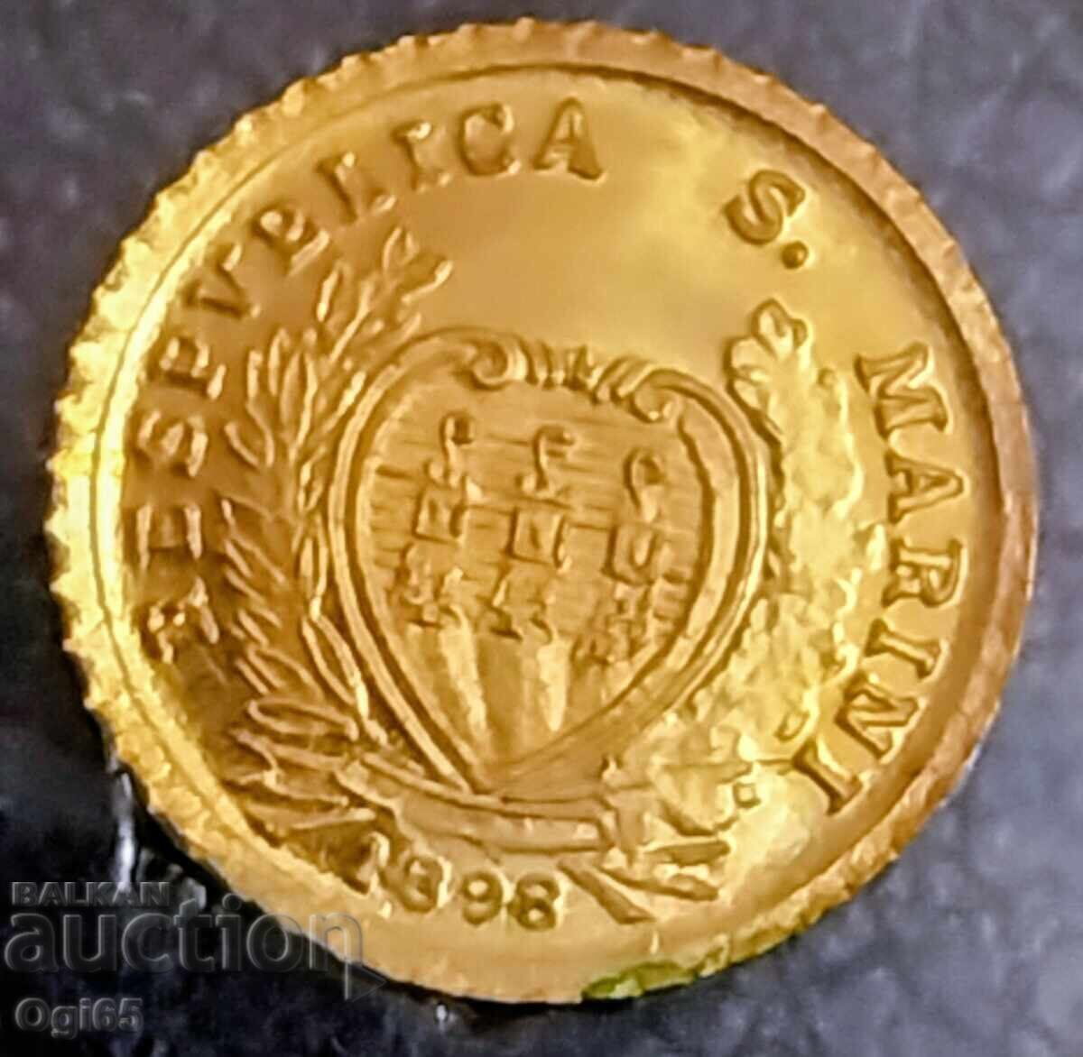 Златна възпоменателна монета от Сан Марино 5 лири 1898 годин с цена € 50.00 | 97.79 лв.