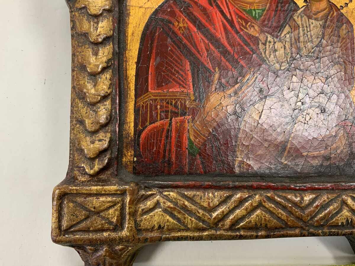 Painted Greek icon wood carving gilding egg tempera - 6