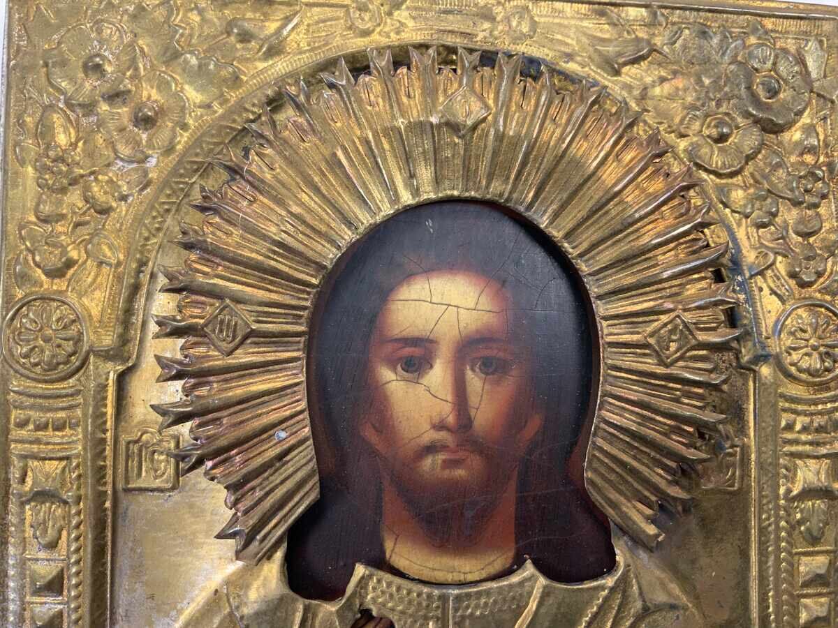 Аукцион Царска Русия рисувана лаково маслена с обков позлата Христос
