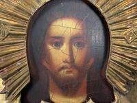 Tsarist Russia painted lacquer oil with gilded mount Christ