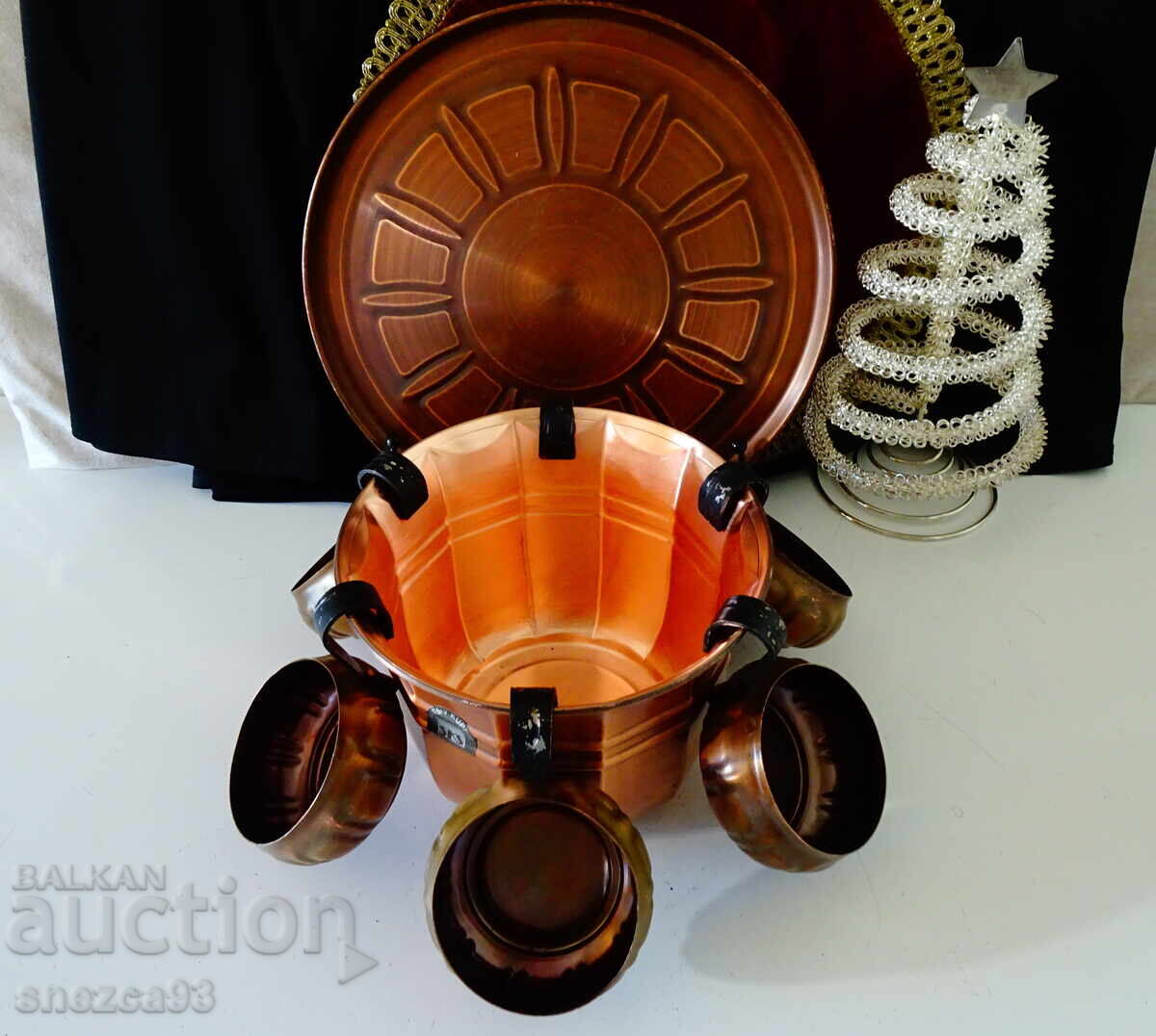 Set de vin din cupru cu căldărușă, pahare, tavă, cupru pur - 7 Set de vin din cupru cu căldărușă, pahare, tavă, cupru pur - 7