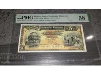 Rară bancnotă certificată din Mexic 5 Pesos 1914 PMG 58