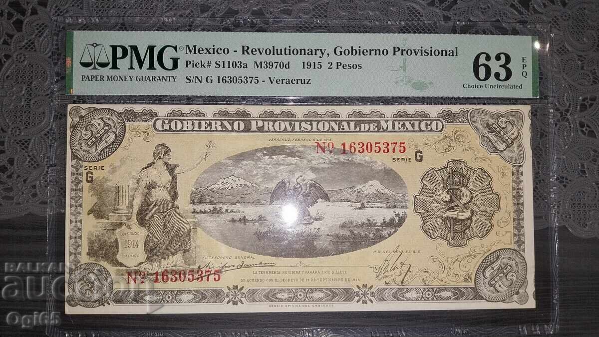 Licitație Rară bancnotă certificată din Mexic 2 Pesos 1915 PMG 63