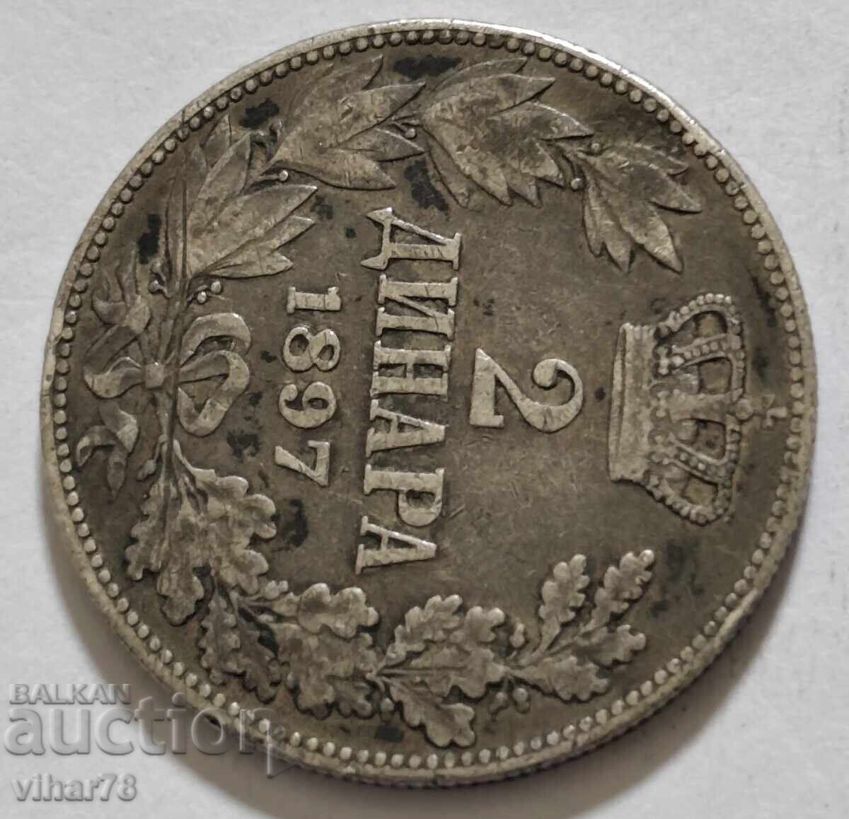СРЕБЪРНА МОНЕТА ОТ 2 ДИНАРА 1897г с цена € 49.99 | 97.77 лв.