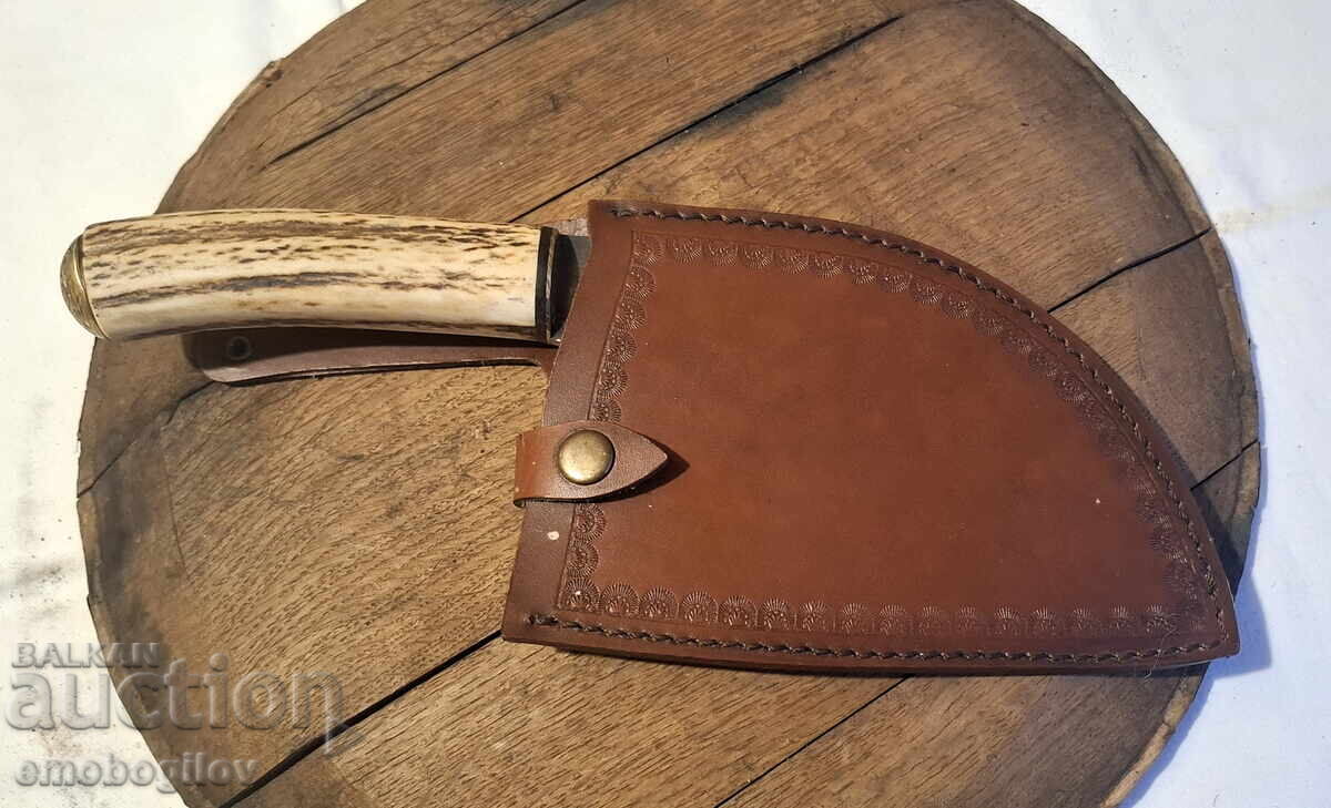 Hand-Forged Cleaver-ALMAZAN Deer Antler Sheath UNIQUE