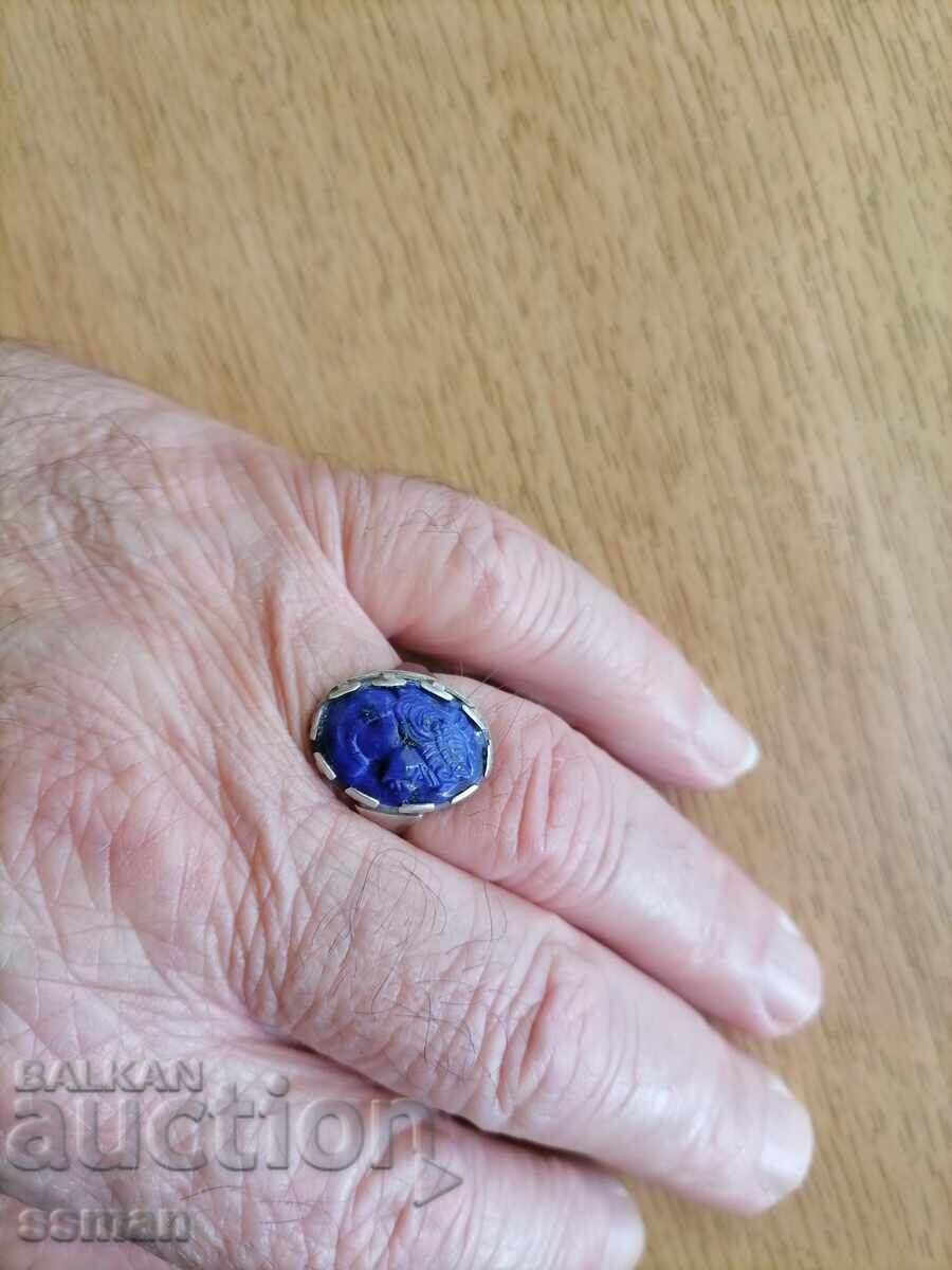 Livrarea inel vechi unic din argint cu camee din lapis lazuli
