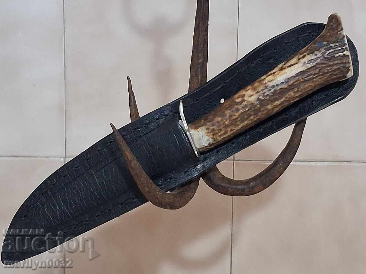 Hunting knife with sheath deer antler handle