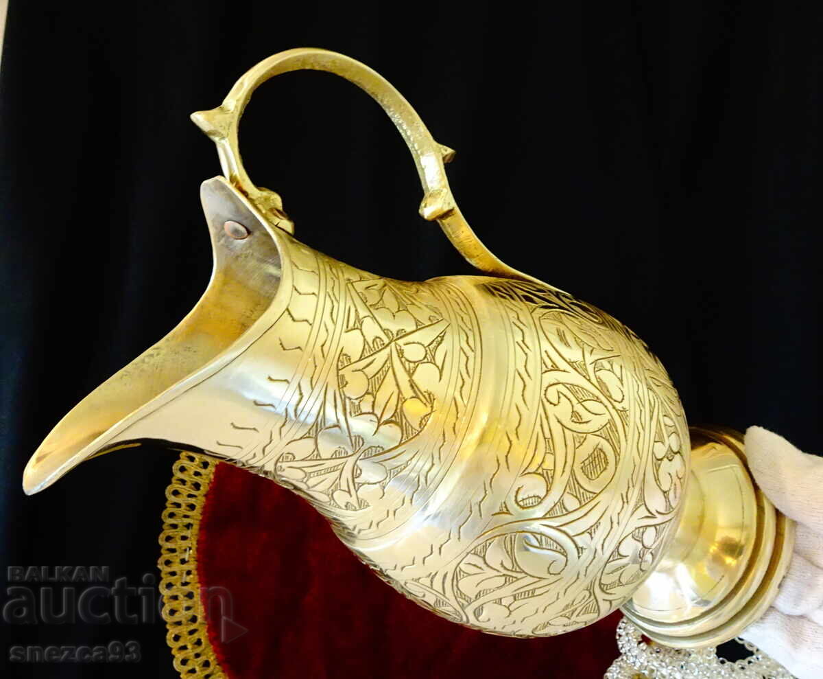 Unique bronze wine pitcher, embossed ornaments, gilding - 5