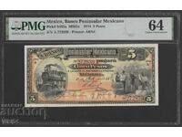 PMG 64 Rare Banknote Mexico 5 Pesos 1914