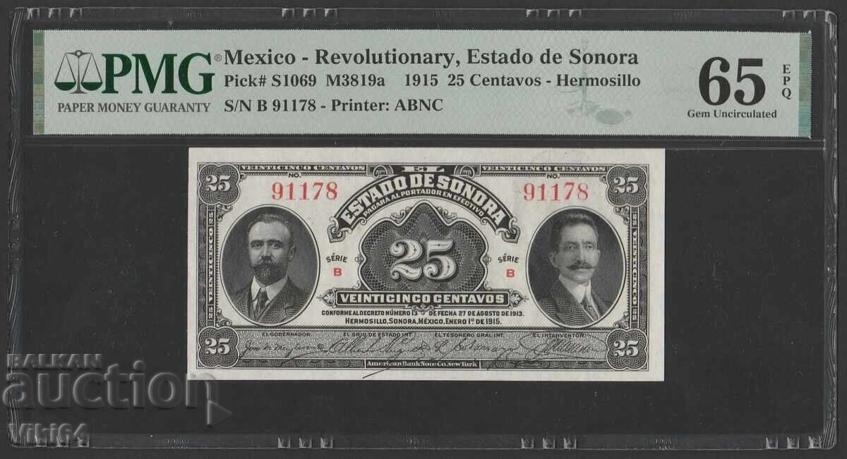 PMG 65 Bancnotă Mexic 25 Centavos 1915 PMG 65 Bancnotă Mexic 25 Centavos 1915