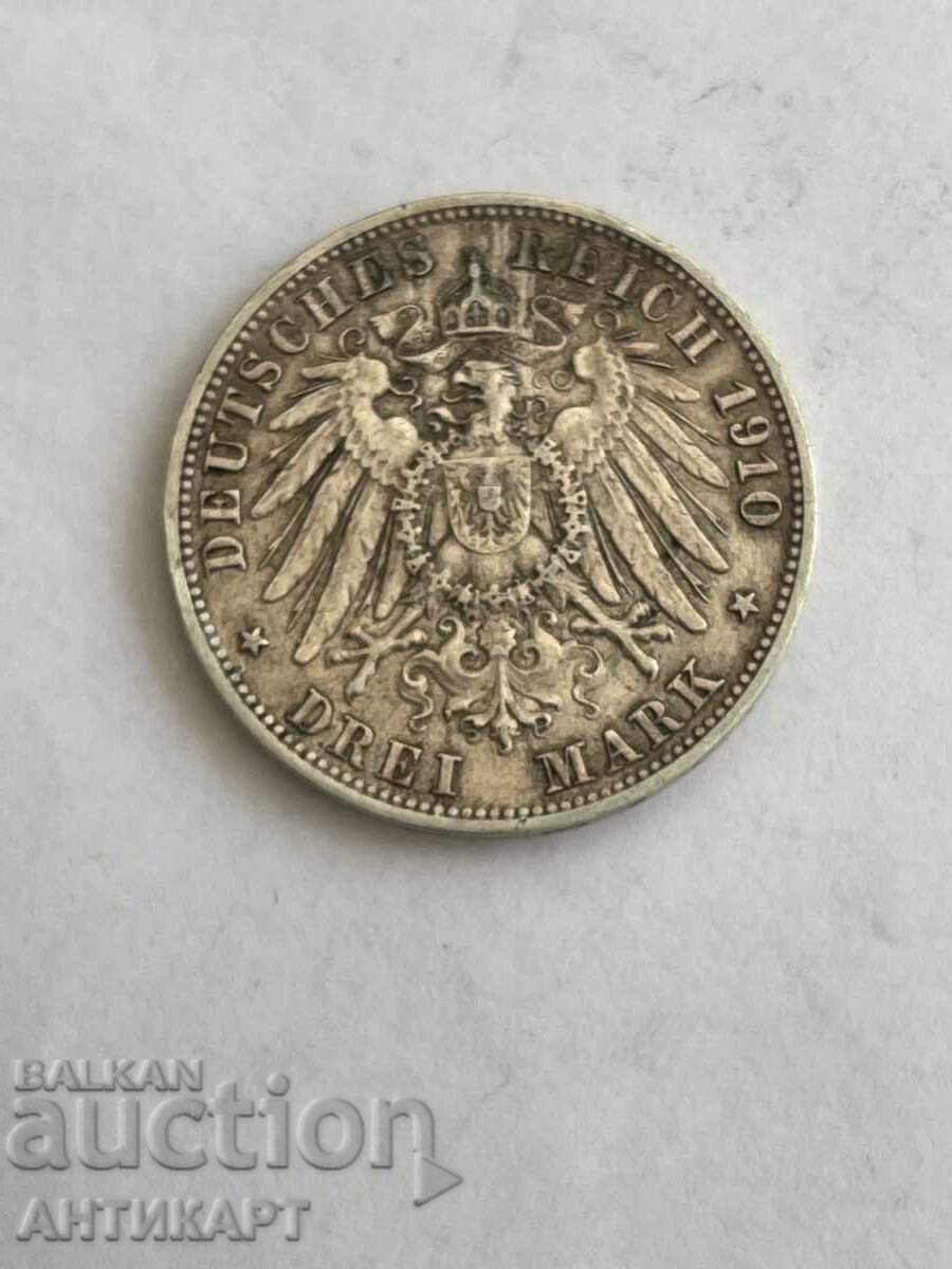 monedă de argint 3 mărci argint 1910 Wurttemberg Germania
