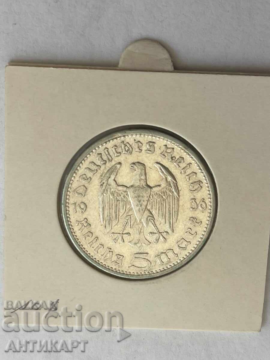 сребърна монета 5 марки reichsmark сребро 1936 Германия с цена € 32.00 | 62.59 лв.