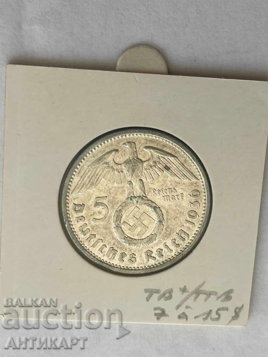 monedă de argint 5 mărci svastică argint 1936 F Germania