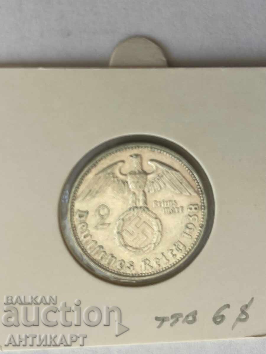 monedă de argint 2 mărci svastică argint 1938 F Germania