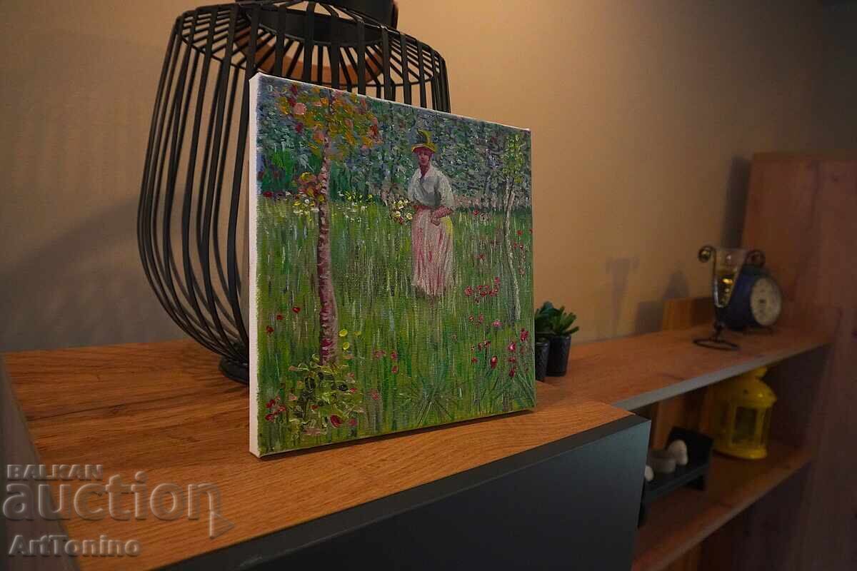 Pictură în ulei - Femeie plimbându-se într-o grădină - după Van Gogh - A.I cu preț € 3.50 | 6.85 BGN
