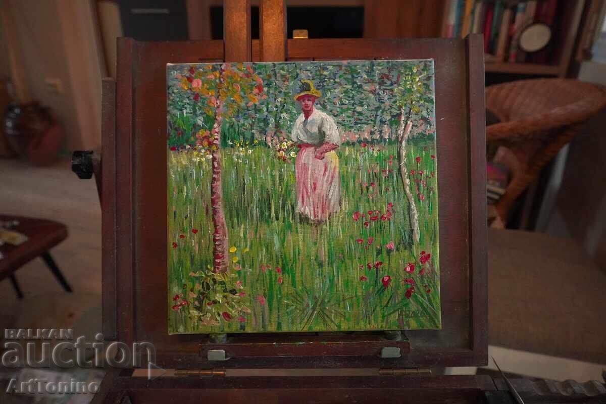 Licitație Pictură în ulei - Femeie plimbându-se într-o grădină - după Van Gogh - A.I