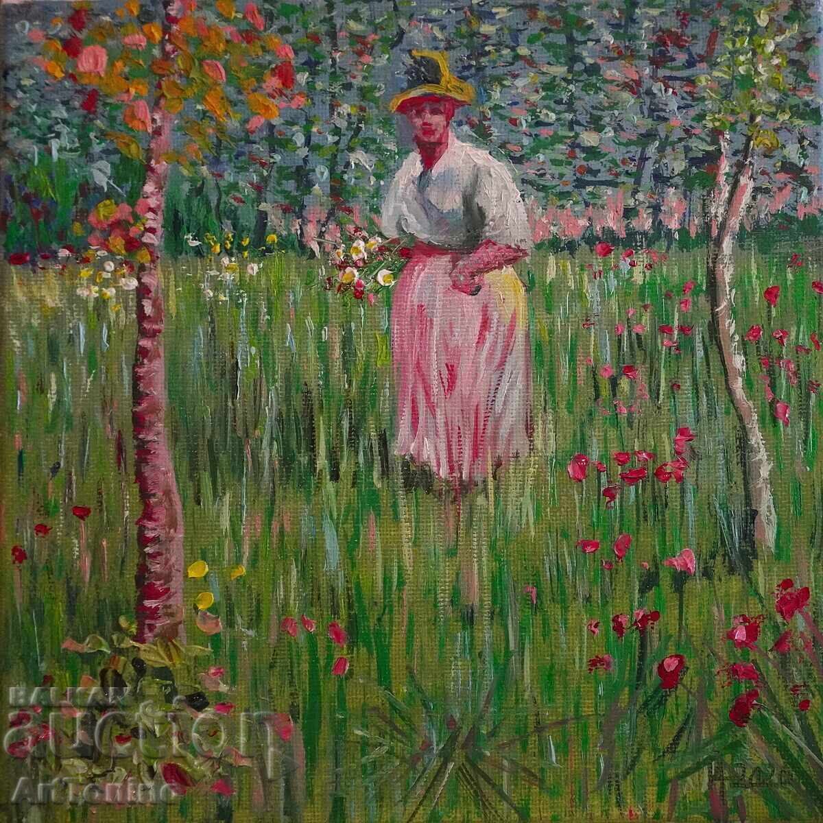 Pictură în ulei - Femeie plimbându-se într-o grădină - după Van Gogh - A.I