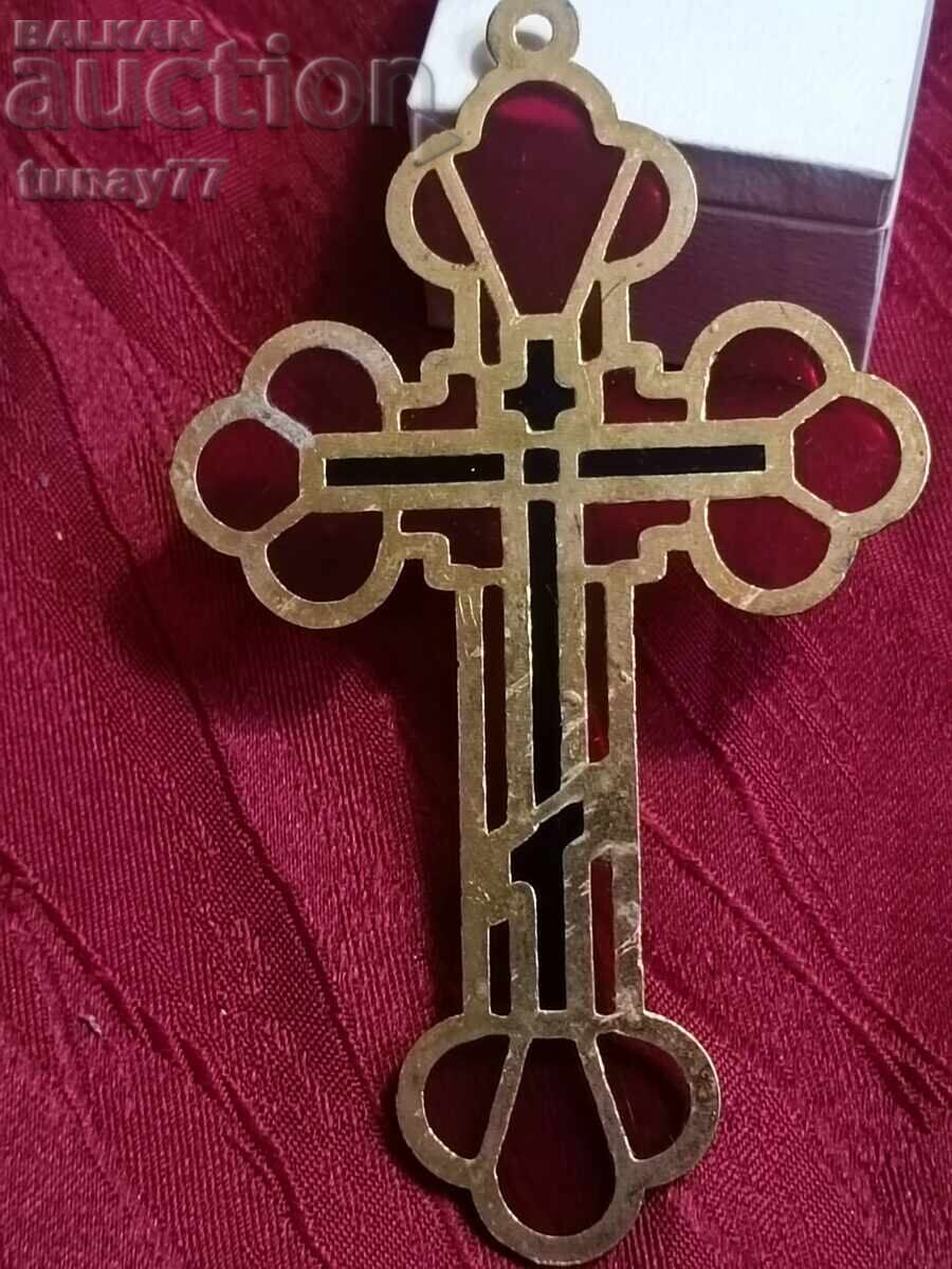 Δημοπρασία Vintage Μεγάλος σπάνιος μπρούτζινος σταυρός γυαλί
