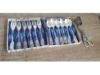 Set of silver-plated dessert forks, spoons, and tongs