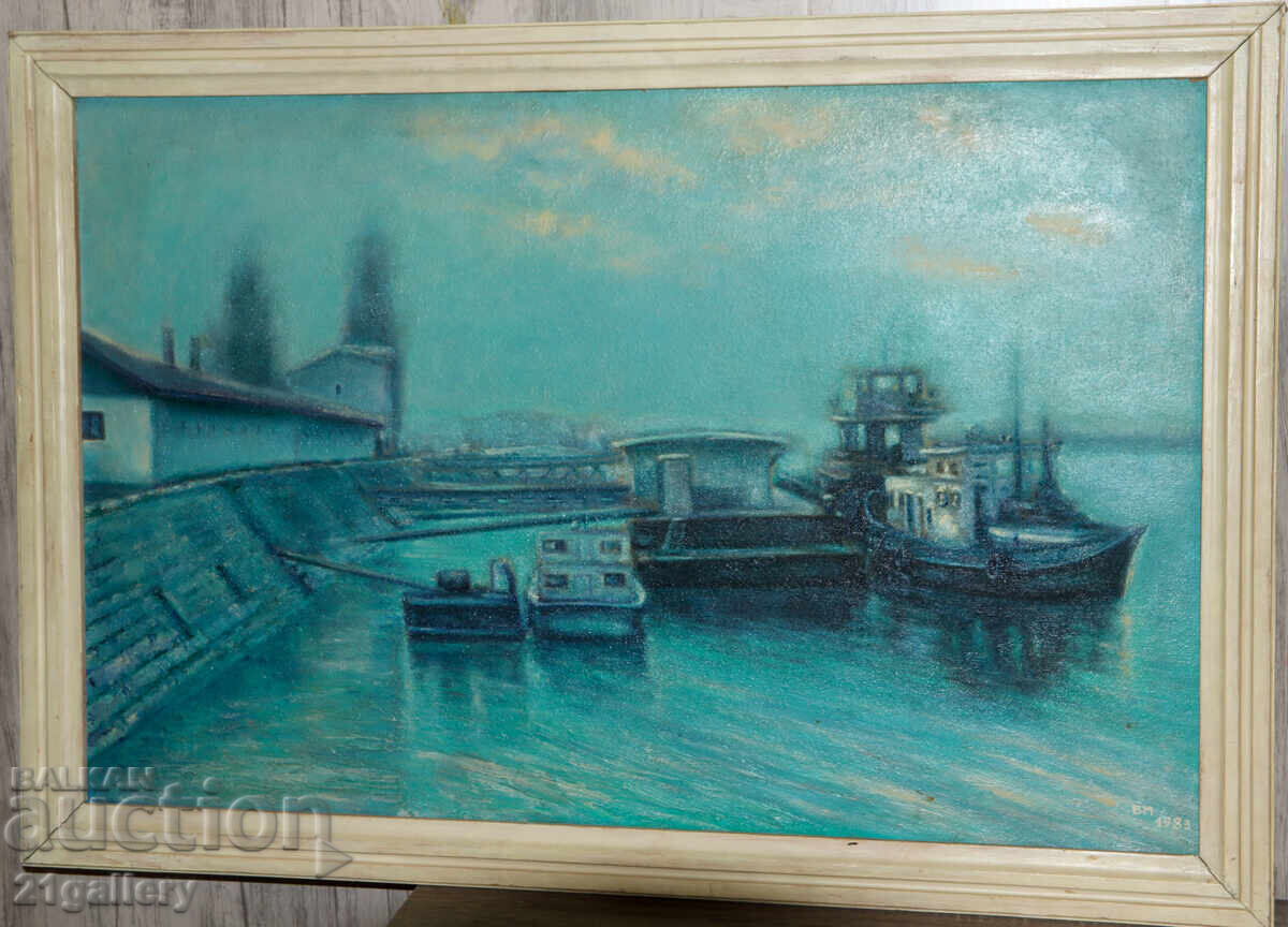 Pictură în ulei, peisaj cu bărci, 1983 cu preț € 550.00 | 1075.71 BGN