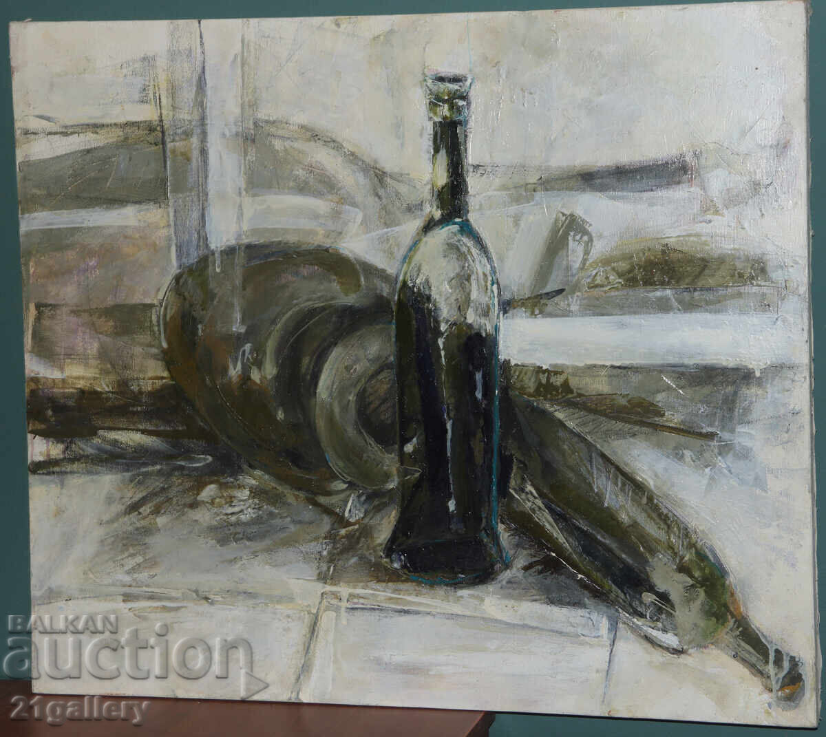 Licitație Pictură modernă acrilic natură moartă cu sticle