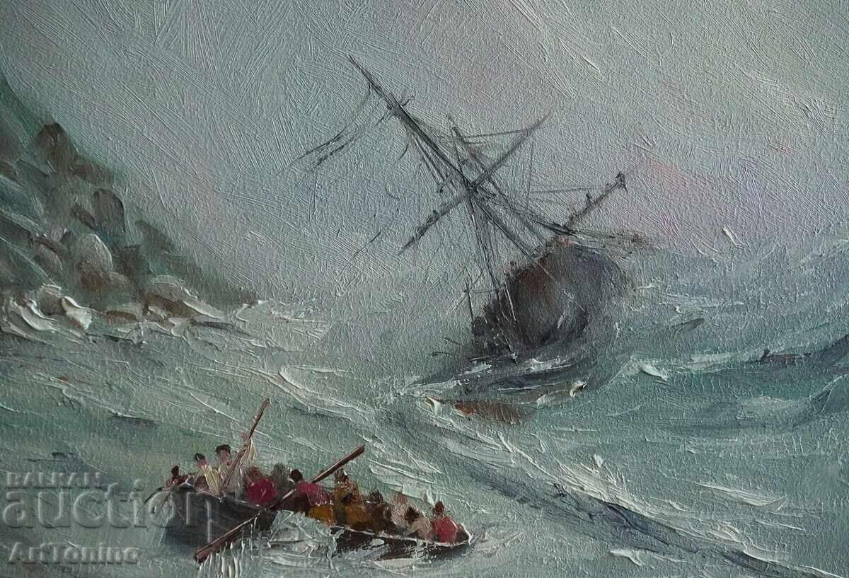 Licitație Pictură în ulei - Peisaj marin - Navă pe mare A. Iordanov Licitație Pictură în ulei - Peisaj marin - Navă pe mare A. Iordanov