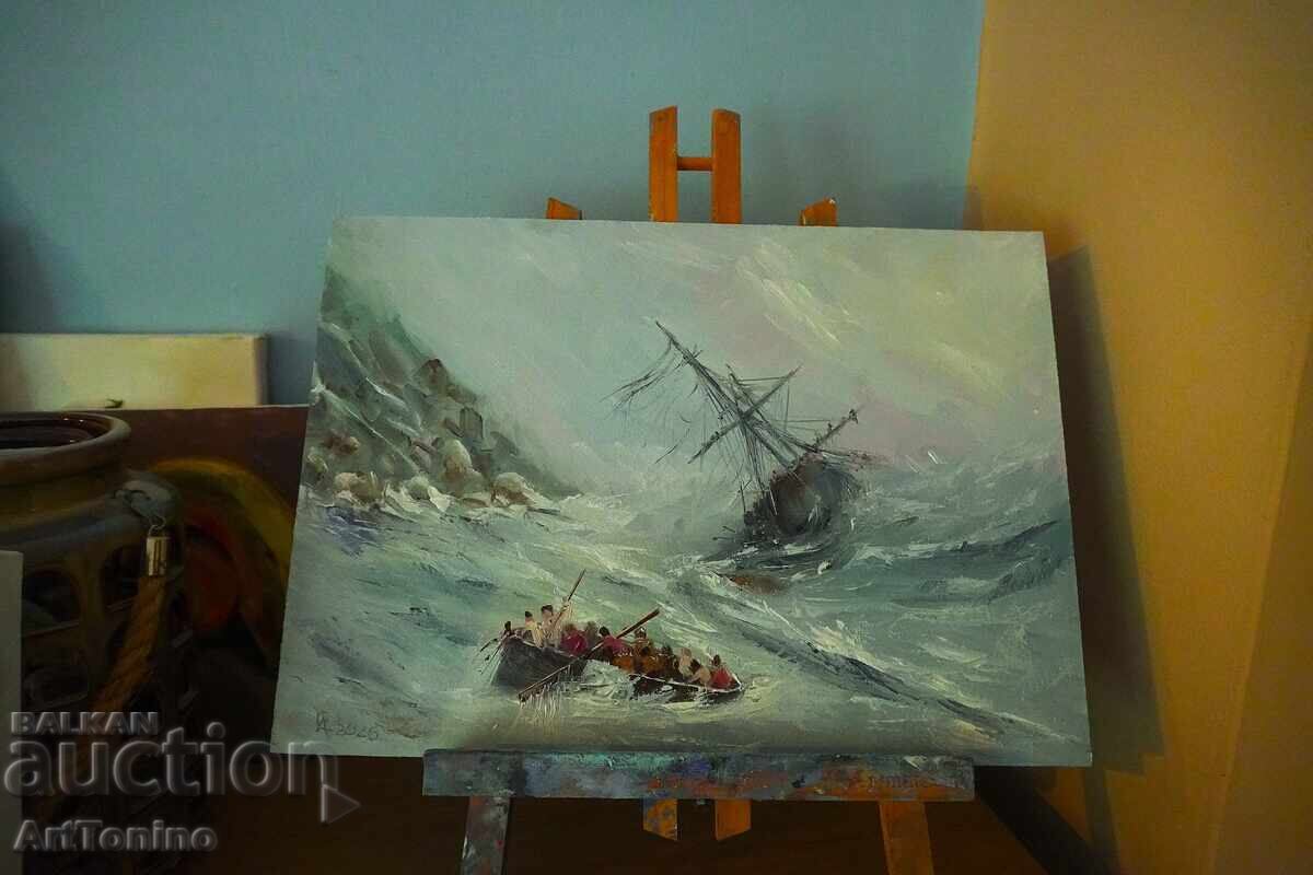 Pictură în ulei - Peisaj marin - Navă pe mare A. Iordanov - 6 Pictură în ulei - Peisaj marin - Navă pe mare A. Iordanov - 6
