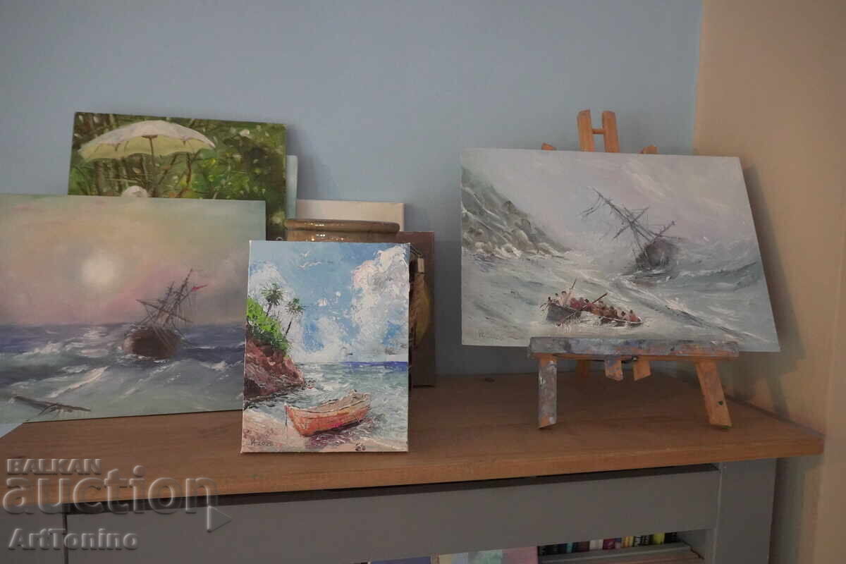 Pictură în ulei - Peisaj marin - Navă pe mare A. Iordanov - 7 Pictură în ulei - Peisaj marin - Navă pe mare A. Iordanov - 7
