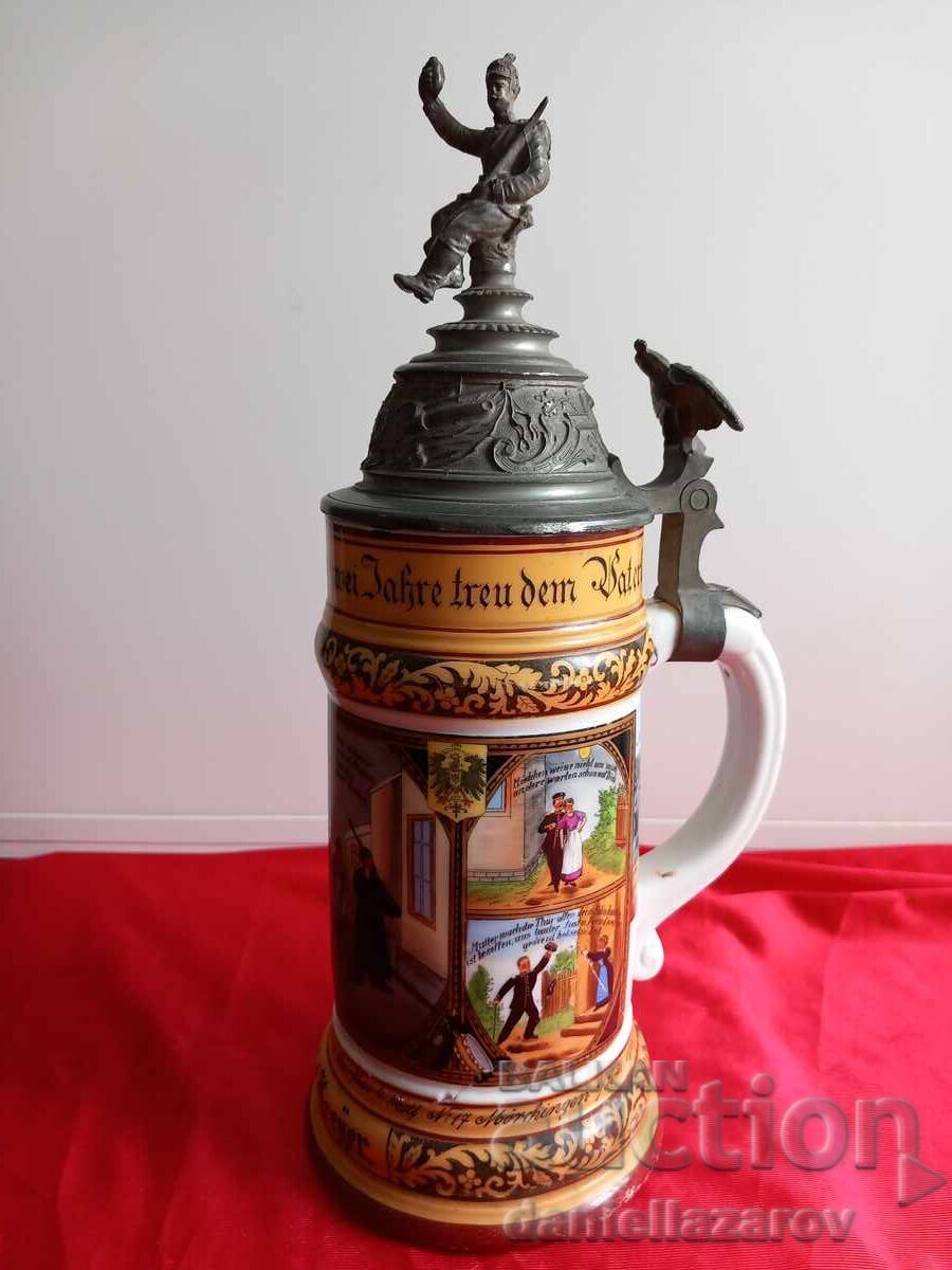 Rară halbă militară germană mare cu litofanie, 1903/1905 Rară halbă militară germană mare cu litofanie, 1903/1905