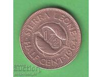 (¯`'•.¸ 1/2 cent 1964 SIERRA LEONE UNC ¸.•'´¯)
