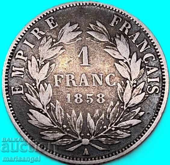 Licitație Franța 1858 1 franc Napoleon III argint - rară și scumpă