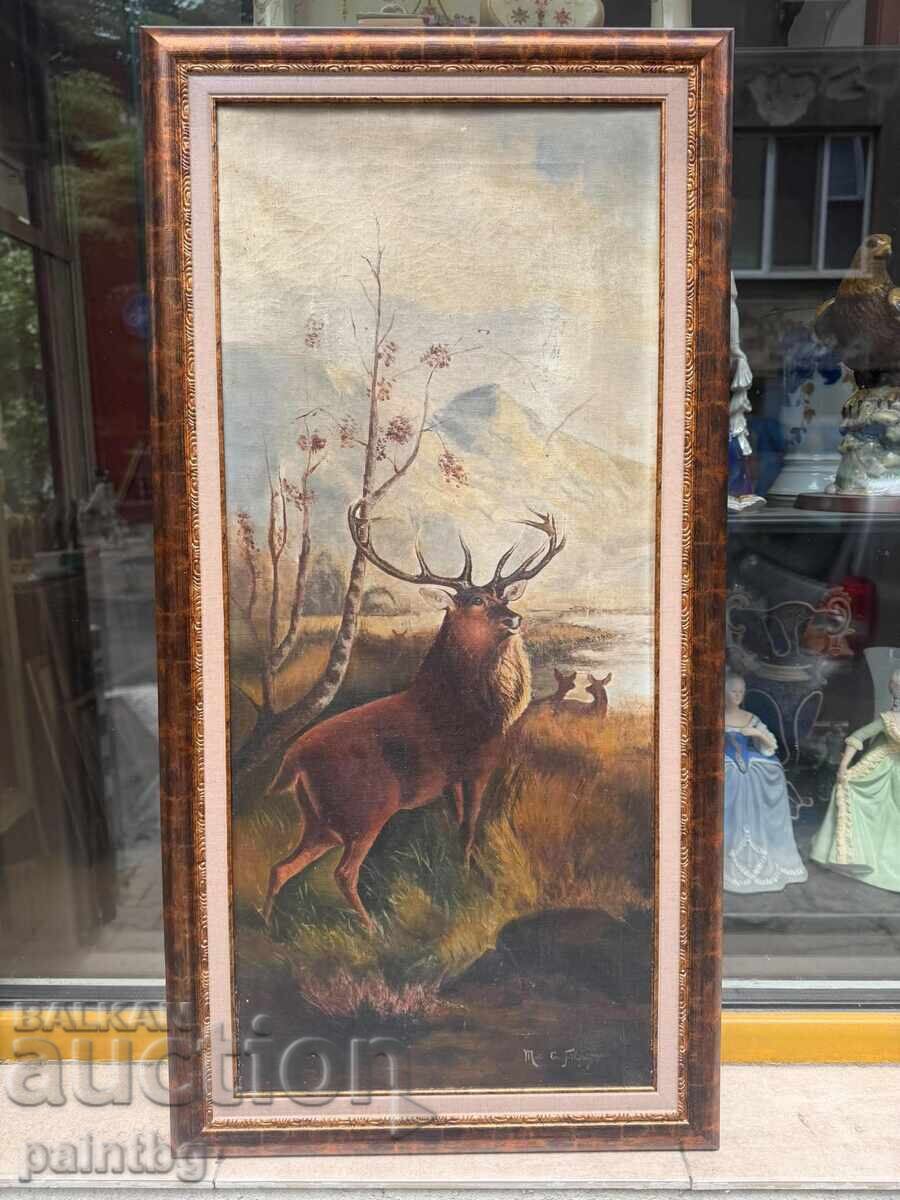 Φανταστικός πίνακας, λάδι, υπογεγραμμένος, κυνηγετική θεματολογία