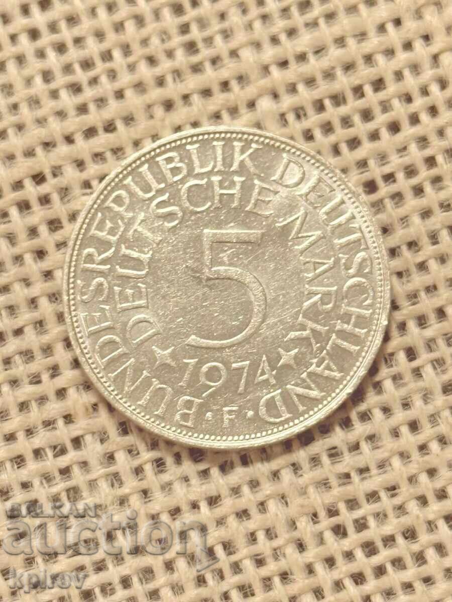 5 марки – ФРГ, 1974 г. (сребро) с цена € 16.00 | 31.29 лв.