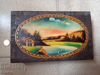 Vintage pyrography wooden box floral landscape