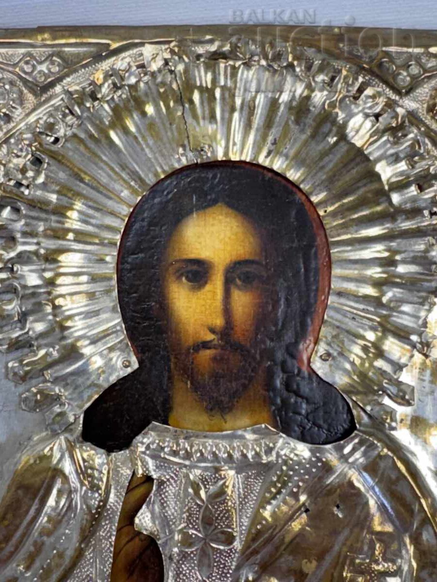 Tsarist Russia painted lacquer oil with gilded mount Christ