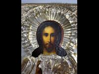 Tsarist Russia painted lacquer oil with gilded mount Christ