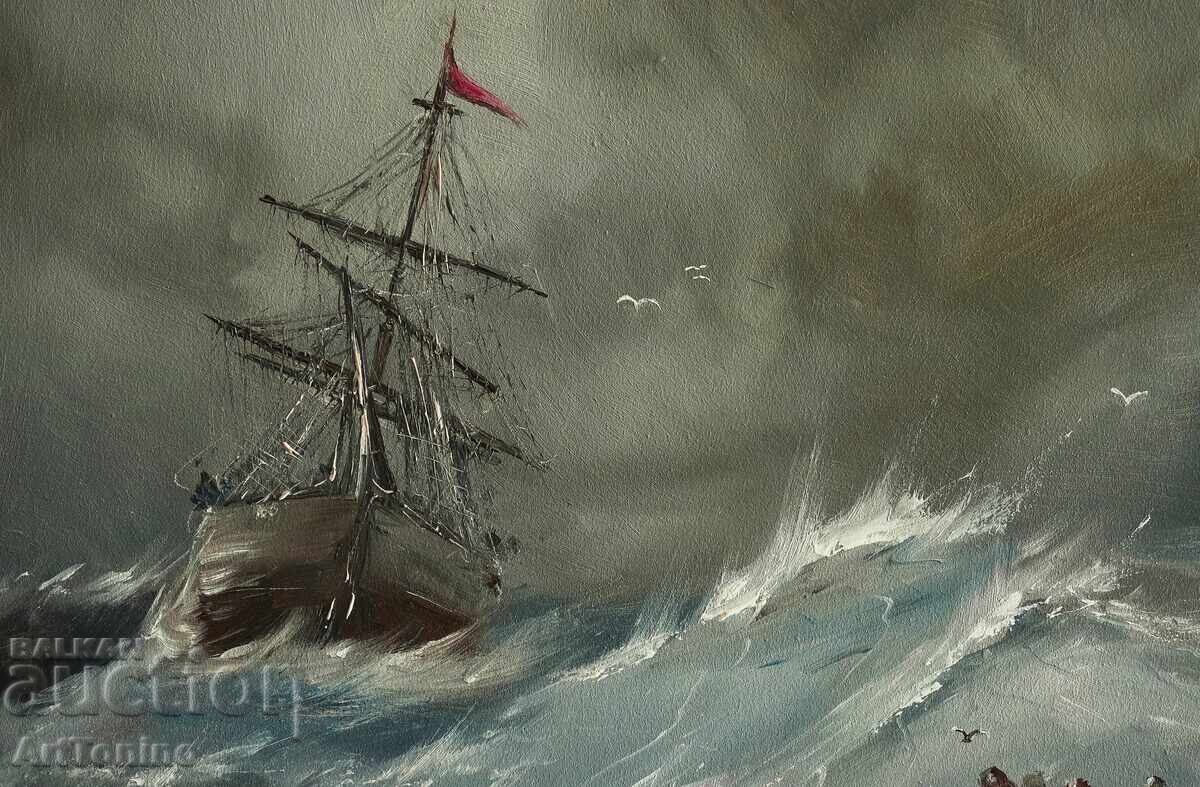 Pictură în ulei - Peisaj marin - Navă pe mare A. Iordanov - 6